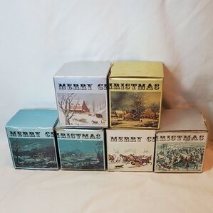Currier & Ives Vtg 1970's-1980's Ornaments Corning Ware Winter Scenes Set Of 6